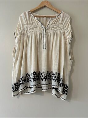 Max Studio London Cream Embroidered Floral Boho Peasant Blouse XL